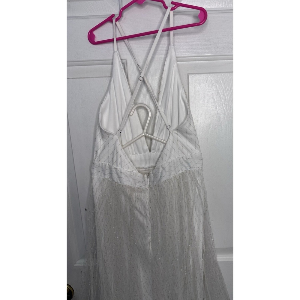 White S Metallic Grid Sparkle Deep V Neck Maxi Gown Fairy Wedding 1920s Art Deco - Picture 10 of 13